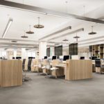 rendering of office space light and wood theme