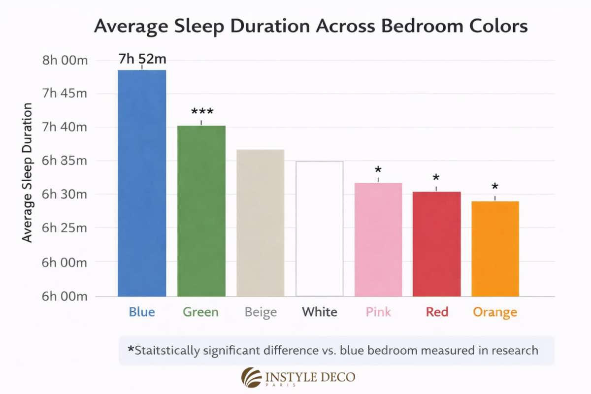 Average sleep duration across bedroom colors - Bedroom Color Schemes for Better Sleep Instyle Deco Paris