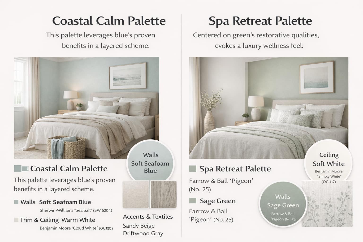 visual mood board showing the Coastal Calm and Spa Retreat palettes applied in real bedroom Bedroom Color Schemes for Better Sleep