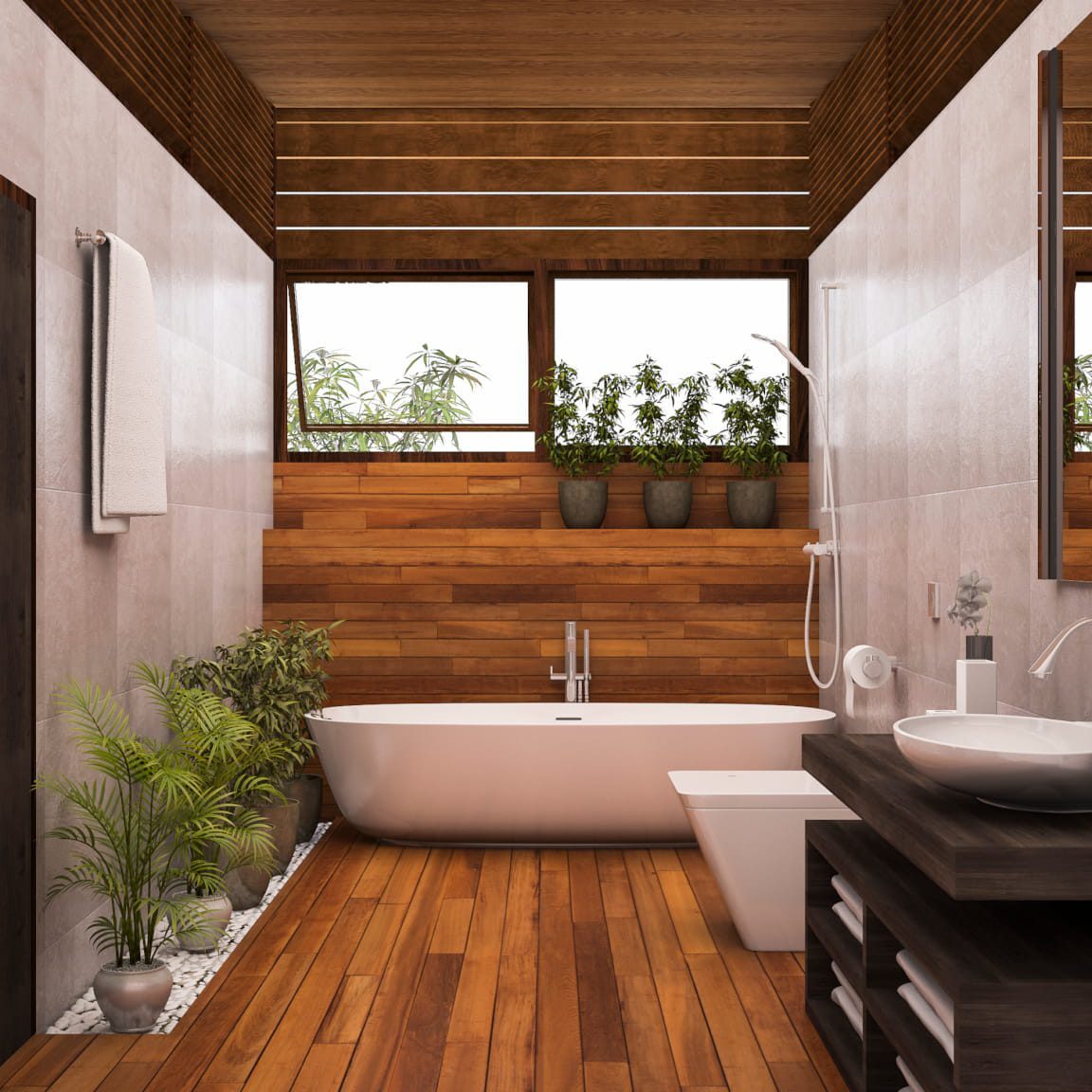 3d rendering of bathroom with wooden theme